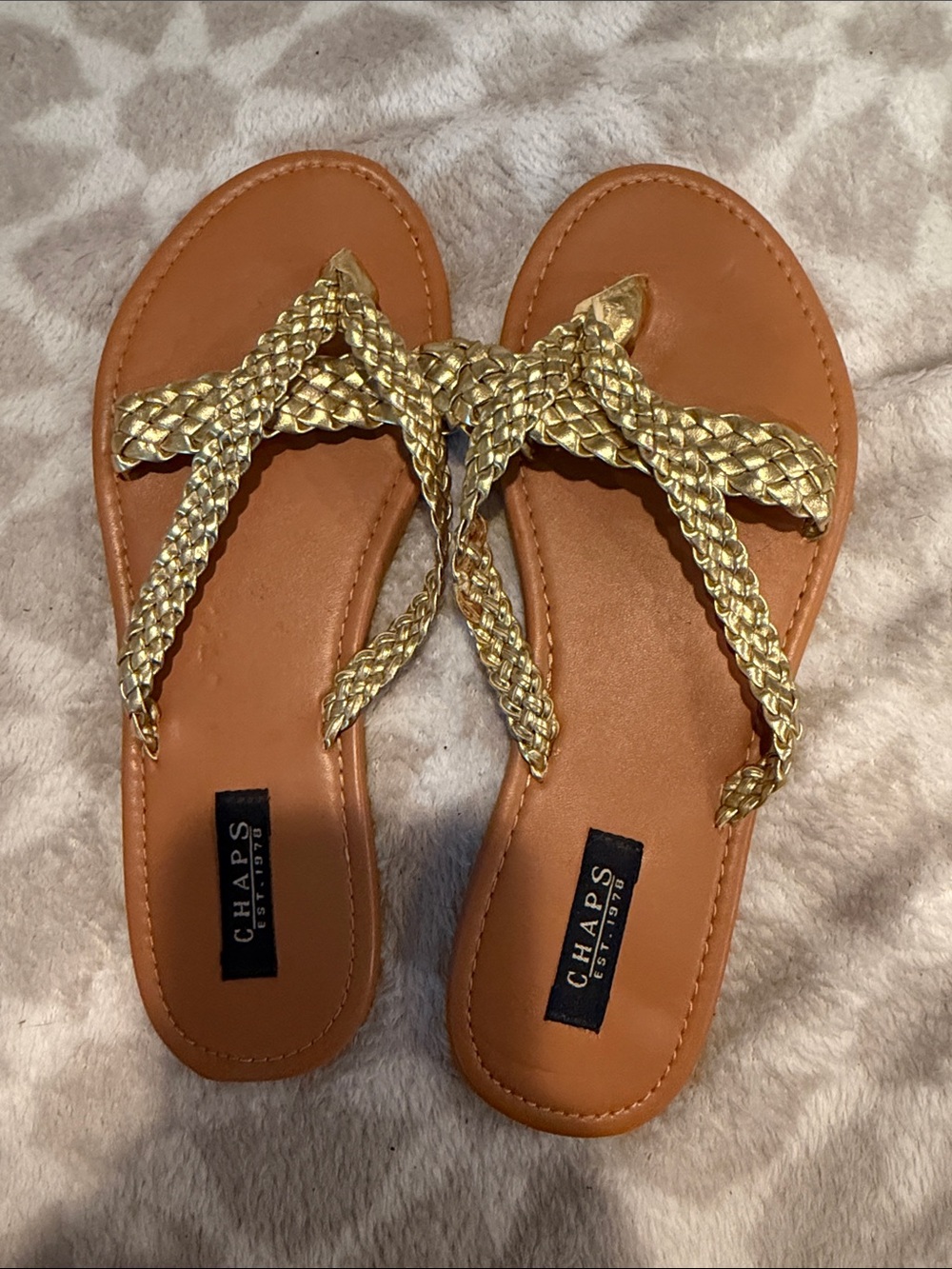 Chaps Metallic Gold Braided Toe-Post Sandals with Tan Footbed
